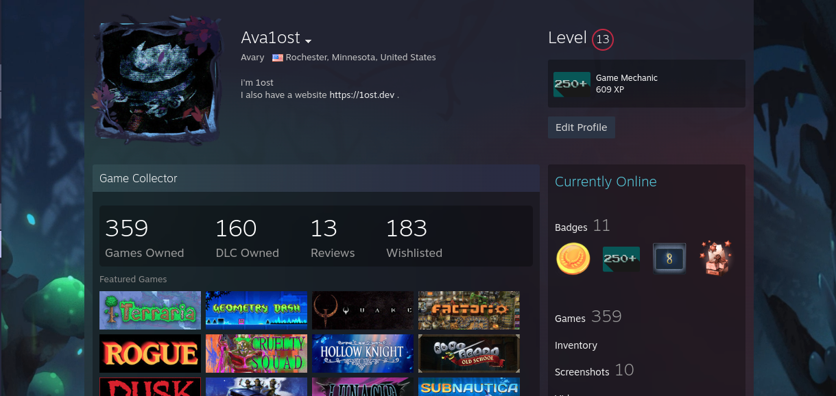 Ava's Steam profile